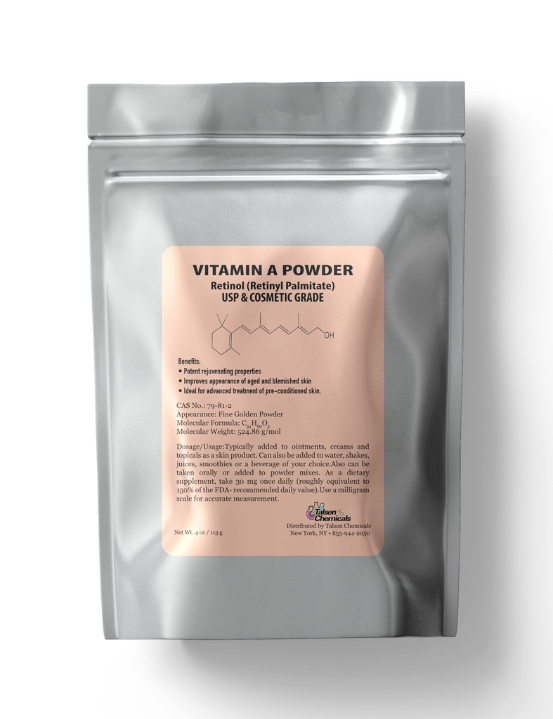 ויטמין A אבקת Retinyl Palmitate, Pure Retinol אבקת ויטמין מים Soluble ויטמין A USP & Cosmetic כיתה (4 oz. / 113 גרמות)