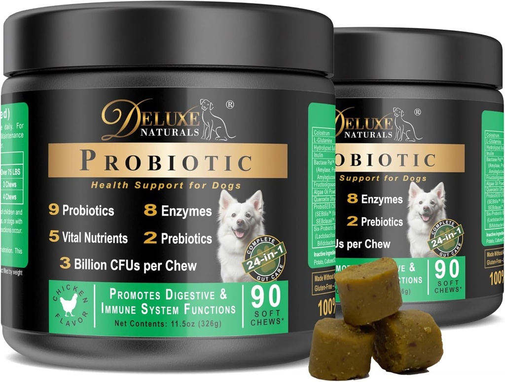 פרוביוטיקה לכלבים | All-Natural Dog Probiotics with Enzymes, Prebiotics, Pumpkin | קידום בריאות מזיקה, לשפר את אלרגיה ואי-אמון, 180 הרוזן (Pack of 2 x 90 ct)