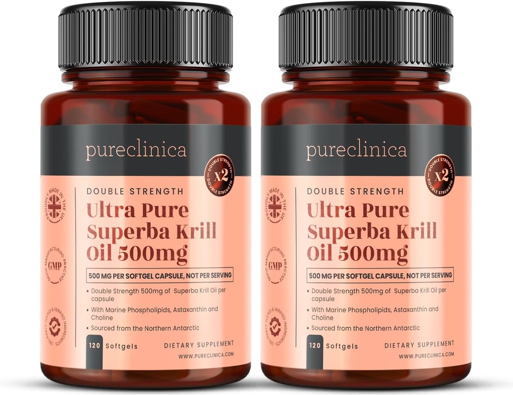 Ultra Pure Krill Oil 500mg x 240 Capsules (2 Bottles) - Sourced in The Unpolluted Waters of Antarctic Providing a Rich Supply of Astaxanthin, Omega 3, and Vitamin D