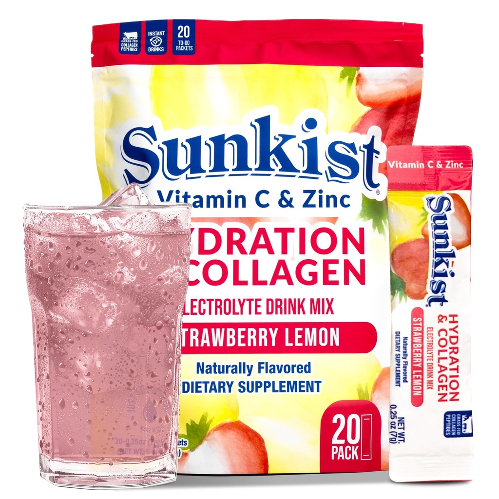 The Frozen Bean Sunkist Collagen Drink - hydrotion Strawberry לימון משקה אלקטרוליטה לנשים עם ויטמין C, Zinc, Collagen Peptides, באופן טבעי פלמור - 20 Pack
