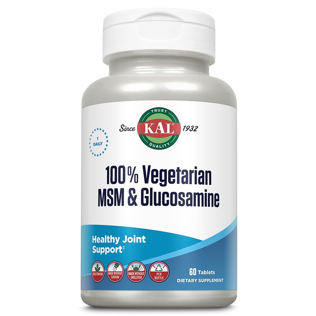 KAL 100% Vegetarian MSM & Glucosamine - תמיכה משותפת בריאה - Glucosamine ו- MSM תוספת - Made Without Shellfish - מעבדה מאומתת - 60 יום מבטיח - 60 משרתים, 60 טבליות
