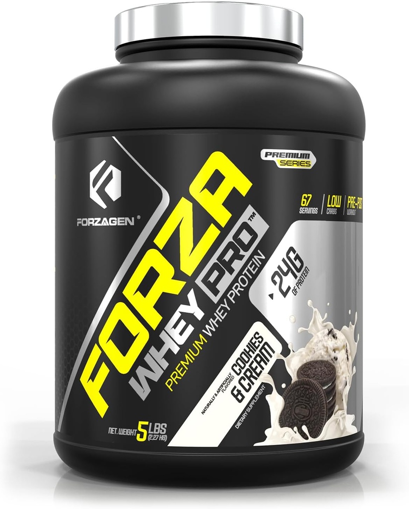 Forzagen Whey PRO נמוך אבקת חלבון פחמימות | 24g של חלבון לשרת, Low-Sugar, Premium Whey for Shakes & Mixes for Men & Women, BCAA | עוגיות & Cream, 5 lbs.