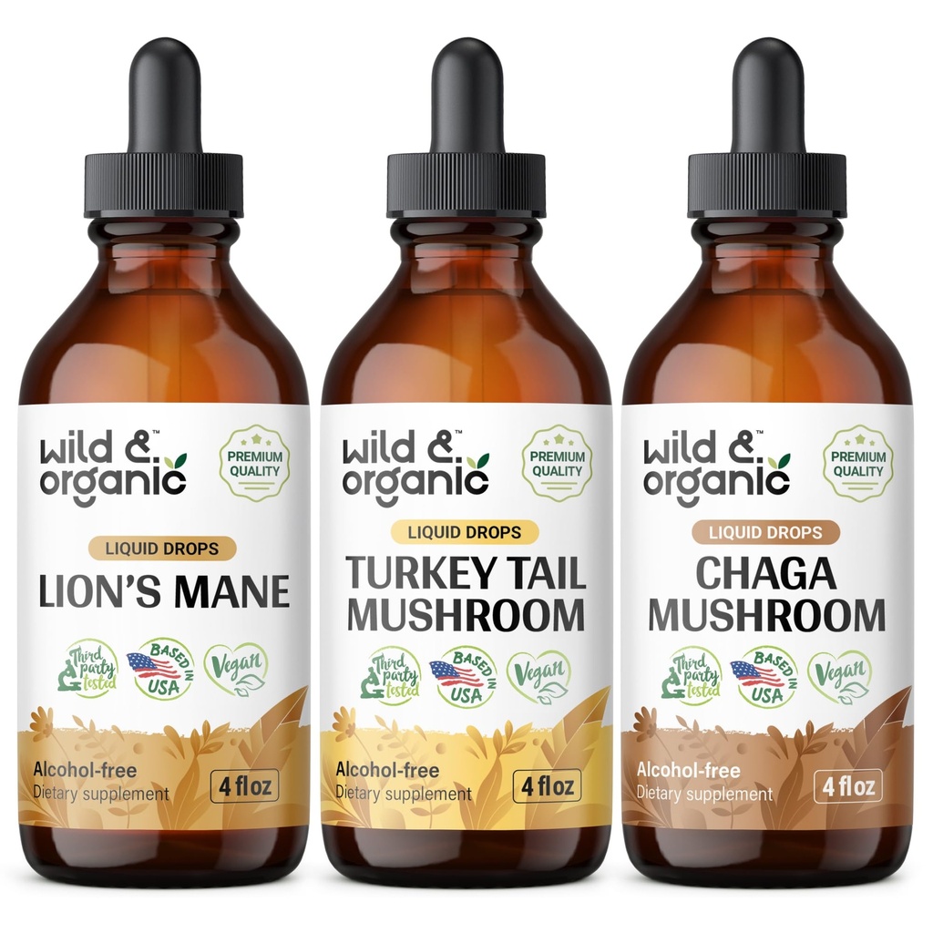 Wild & Organic Lion's Mane, טורקיה Tail & Chaga Mushroom Tinctures