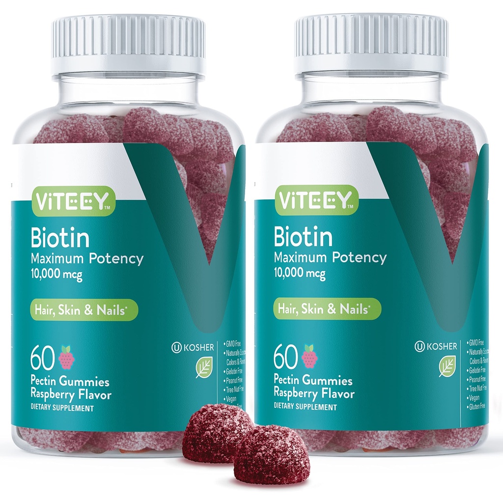 Vite Biotin Gummies for Hair Skin and Nails - Biotin for Hair Growthmies - 10,000 mcg - טבעוני, Gluten-Free, non-GMO - 120 הרוזן
