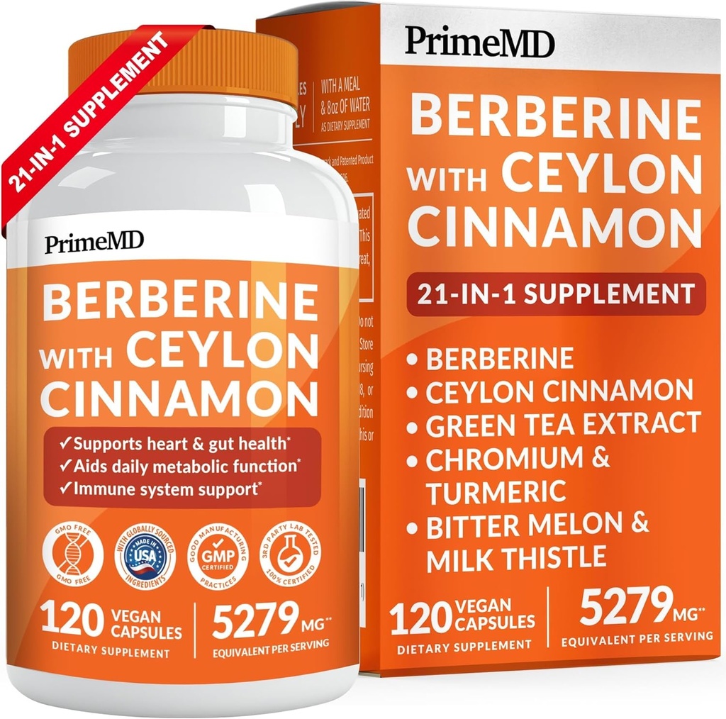 21-in-1 Berberine תוספת עם Ceylon Cinnamon - Berberine 1500 מ"ג עם Chromium, Bitter Melon ו Green Tea Extract - Berberine 5X עבור ניהול משקל ומטבוליזם תמיכה עם 5279 מ"ג (120 ct)