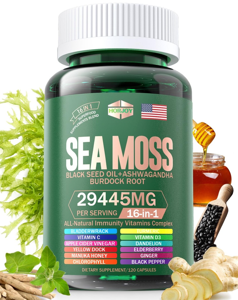 Sea Mos 12000mg Black Seed שמן 6000 מ"ג Ashwagandha 3000 מ"ג Turmeric 1000 מ"ג Bladderwrack 2000mg Burdock 3000mg & ויטמין C & D3 עם Elder Manberry Manuka Dandelion צהוב דודין דוק Iodine Chlorophyll ACVVVVVVVVVVVVVVVVVVVVVVVVVVVVVVol 2000mg