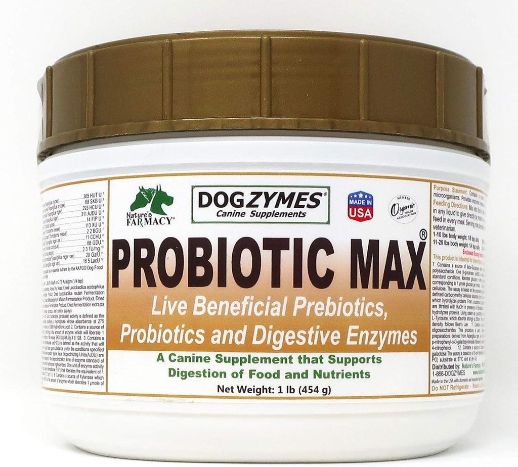 כלבים Probiotic Max -10 מיליארד פרוביוטיקה של CFU, Prebiotics, Digestive Enzymes - Relieves Diarrhea, Upset Stomach, Constipation, Gas, Allergy, Immunity & Total Health (1 קילו)