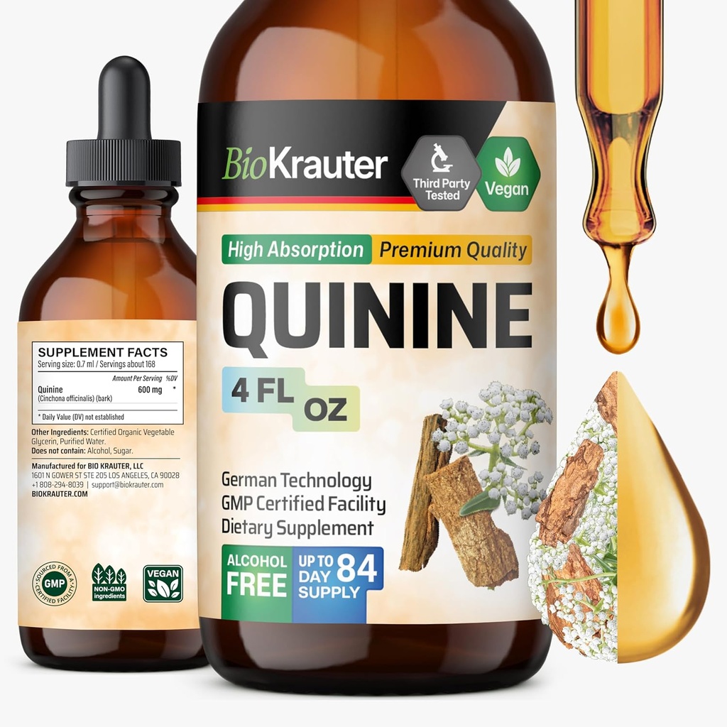 BIO KRAUTER Quinine for Leg Cramps Tincture - C אינץ'ona Bark Extract - Vegan Quinine נוזל - אלכוהול & סוכר חינם לחלץ 4 Fl.Oz.