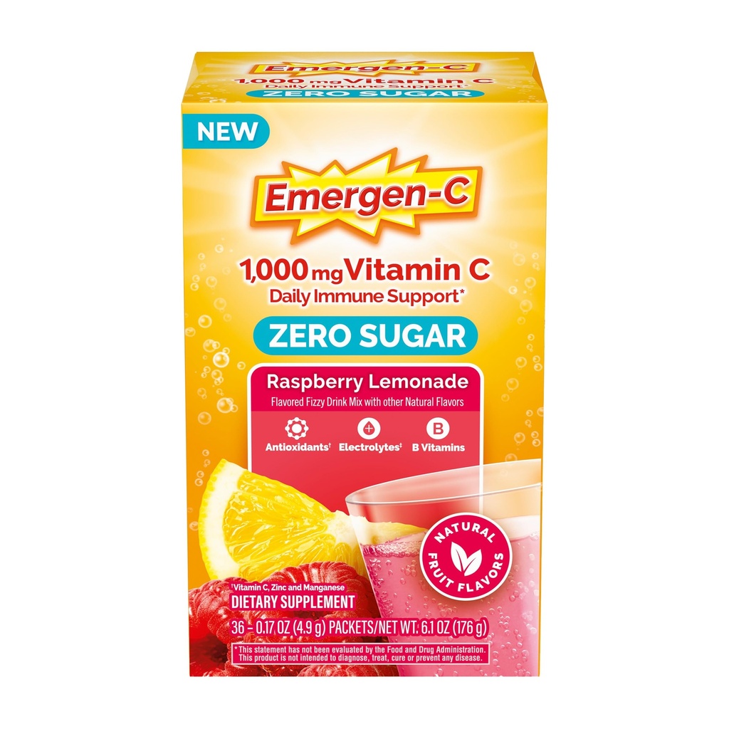 Emergen-C Zero Sugar 1000 מ"ג ויטמין C אבקת עבור כל יום Immune תמיכה Caffeine ויטמין C תוספי עם Zinc ו Manganese, Bs ו Electrolytes, Raspberryade Flavor - 36 Count Count Count Count