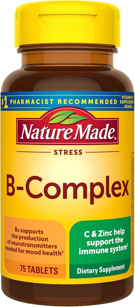 Nature Made Stress B Complex עם ויטמין C ו- Zinc, תוסף תזונתי לתמיכה ב- Immune, 75 טבליות, 75 יום אספקה