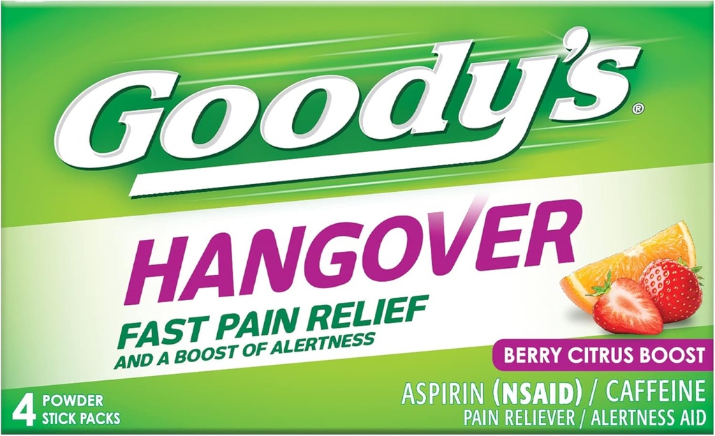 אבקת ה-Hangover של גודי, הקלה מהירה בכאב וב Boost of alertness ברי סיטרו, 4 ct (Pack of 1)