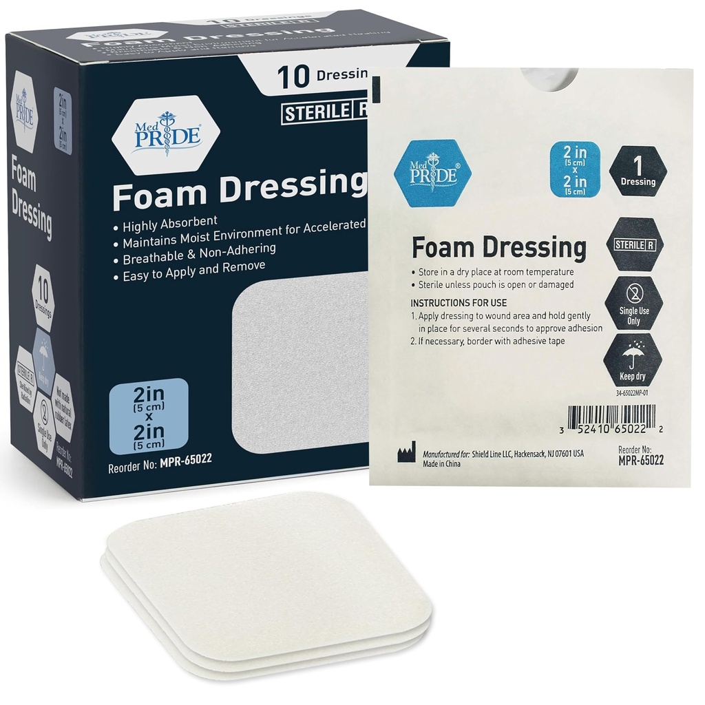 MED PRIDE Sterile Foam Dressings for Wounds, Soft Absorbent non-Adhesive Waterהוכחה רפואי Foam Padding for Ulcers, Injuries (2x2 Inch (Pack of 10)