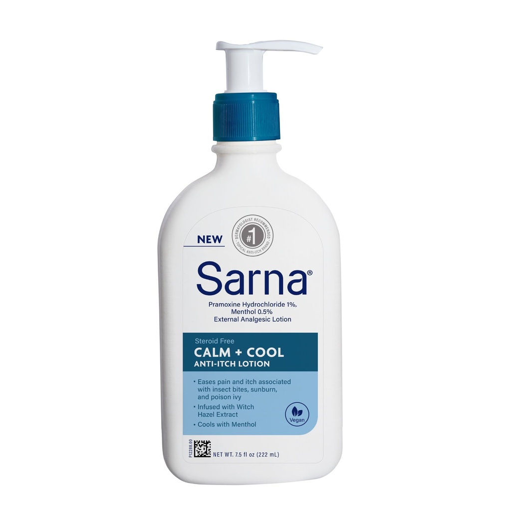 Sarna Calm and Cool Anti-Itch Lotion, Soothe and Relieve Pain and Itch from Insect Bites, Sunburn, Poison Ivy, Contains 1% Pramoxine Hydrochloride, 0.5% Menthol, Vegan, Steroid-Free, 7.5oz