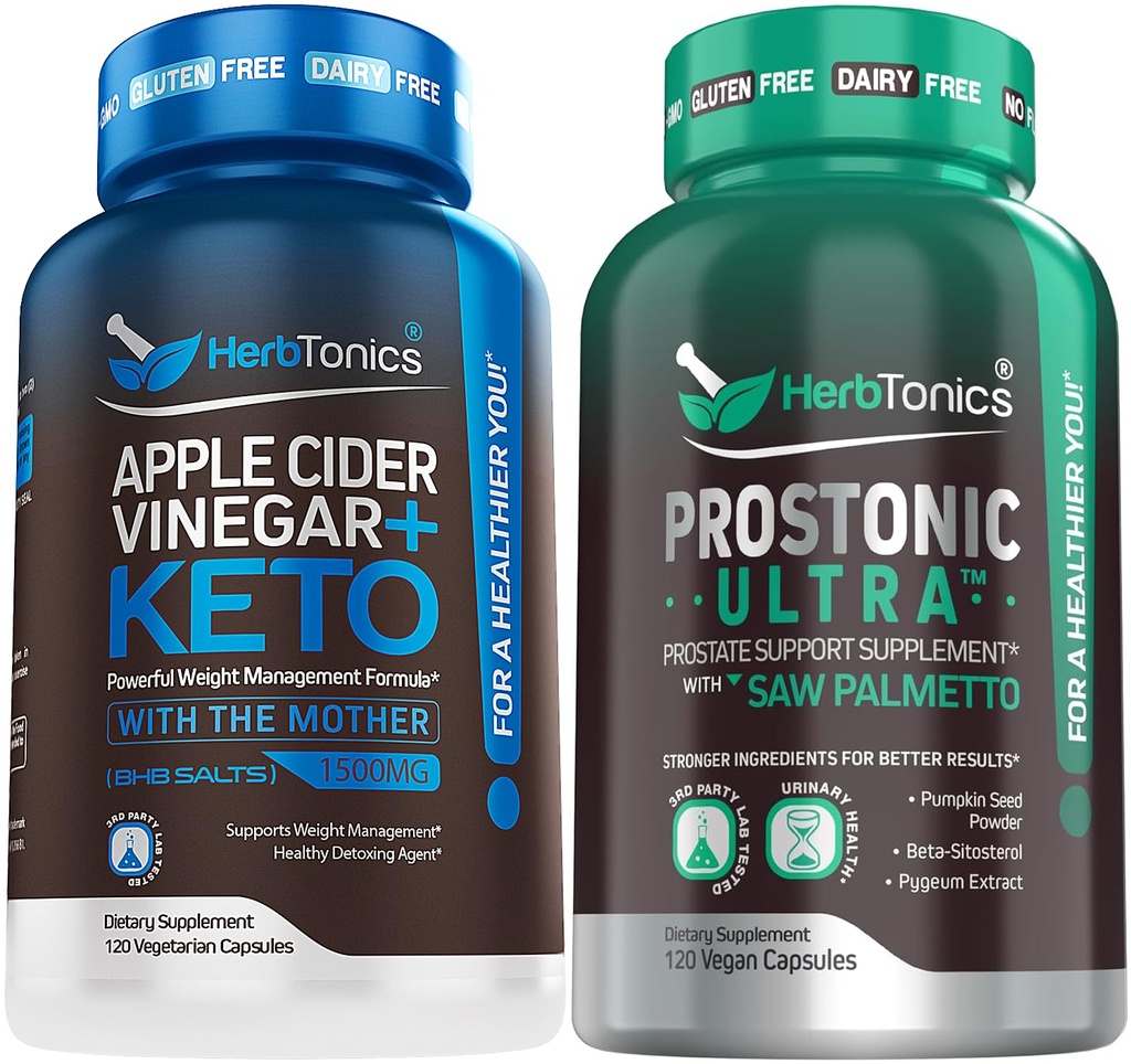 Herbtonics Apple Cider Vinegar כמוסות פלוס Keto BHB | Fat Burner & Weight Loss Supplement for Women & Men - Prostate Support for Men's Health; with Saw Palmetto Beta Sitosterol