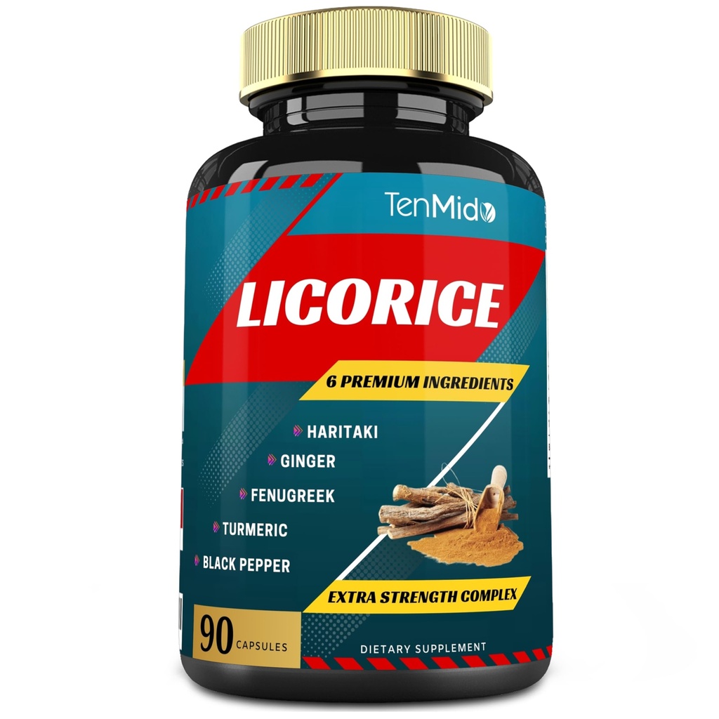 Licorice לחלץ קפסולות עם Turmeric, ג'ינג'ר, Panugreek, Haritaki, Black Pepper - Support Digest - 90 Caps, 3 חודשים אספקה