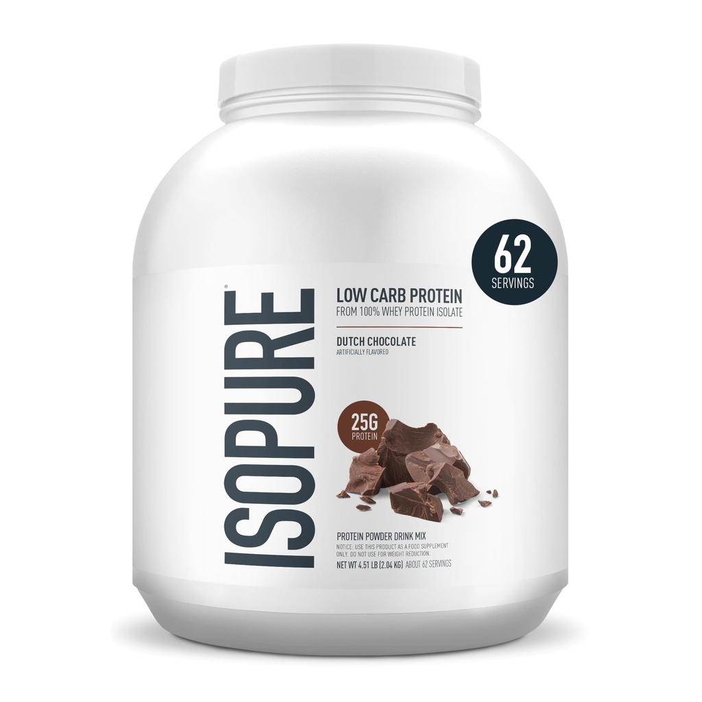 Isopure Low Carb 100% טהור Whey Isolate אבקת חלבון, Lactose חינם, Gluten חינם, עם ויטמינים, שוקולד הולנדי, 25g חלבון פרי, 4.5 Lbs, 62 משרתים (Packaging May Vary)