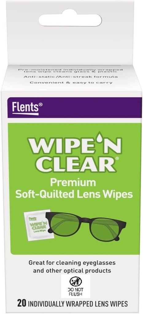Flents Lens Wipes, Wipe 'N Clear, 20 Count, Pre-Moistened, Streak-Free, בטוח עבור משקפיים, אנטי-Fog, ניקוי Gentle, Clear Vision, באופן אישי נדחס עבור נסיעות והסכמה, מיוצר בארה"ב.
