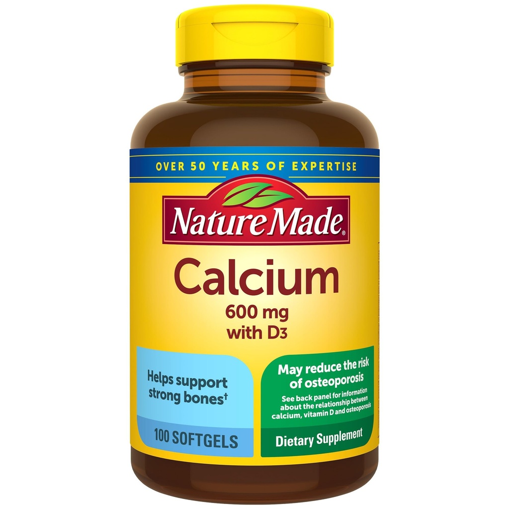הטבע עשה Calcium 600 מ"ג עם ויטמין D3, תוספת תזונתית לתמיכה העצם, 100 Softgels