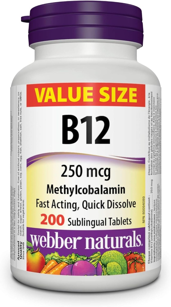 Webber Naturals ויטמין B12 250 mcg Methyleobalamin, 200 טבליות sublingual