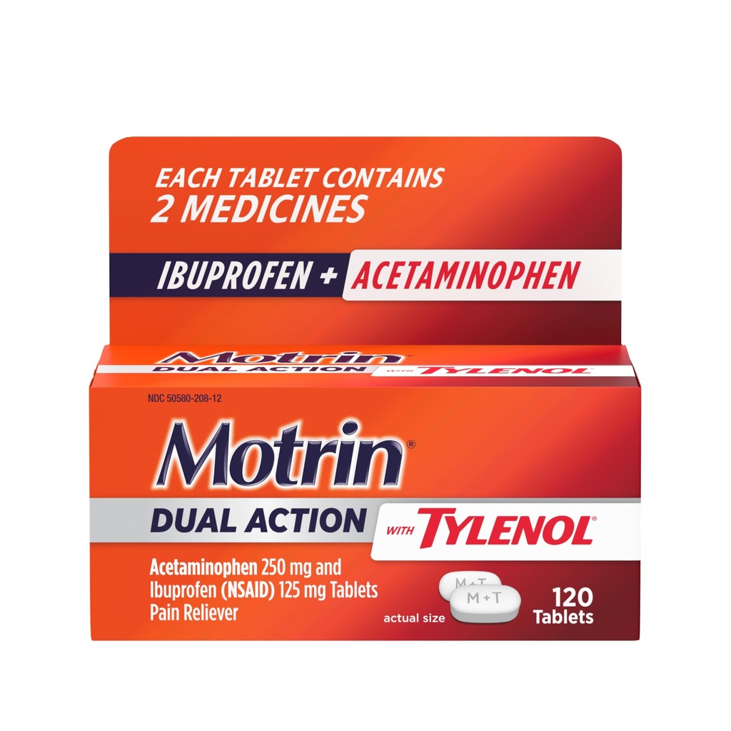 Motrin Double Action with Tylenol, Ibuprofen & Acetaminophen Fast-Acting Dual Action Pain Reliever for Minor Aches & Pains, Ibuprofen (NSAID) 125 מ"ג & Acetaminophen 250 מ"ג, 120 ct ct ct ct ct
