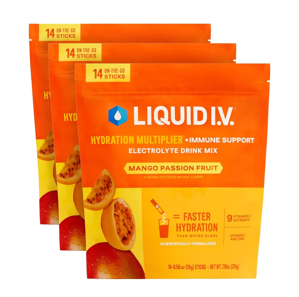 נוזל I.V. hydrotion Multiplier + Immune תמיכה - מנגו Passionפרי | אבקת אלקטרוליטית לערבב | 3 Pack (42 משרתים)
