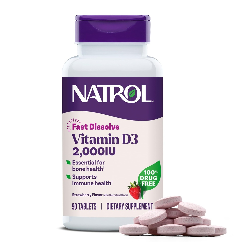 Natrol Fast Dissolve ויטמין D3 2,000 IU, תוסף תזונה עבור העצם ובריאות משותפת, תוסף תמיכה העצם, 90 טבליות, 90 יום אספקה