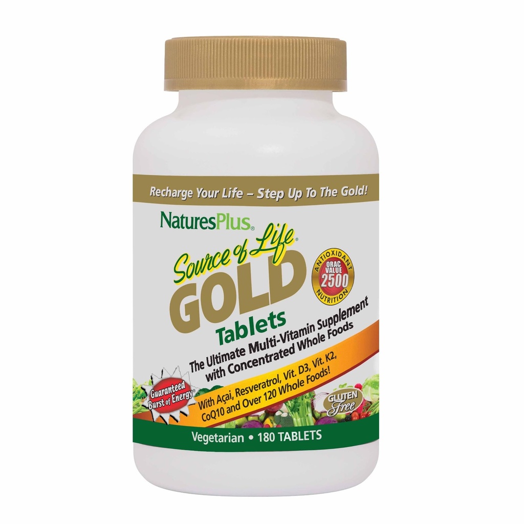 Natures Plus Source of Life Gold Multivitamin - 180 טבליות - תמיכה בדם, תמיכה בעצמות, מערכת החיסון בריאה - כולל ויטמינים D3, B12, K2 & מעל 120 מזון מזון מלא - 60 משרתים