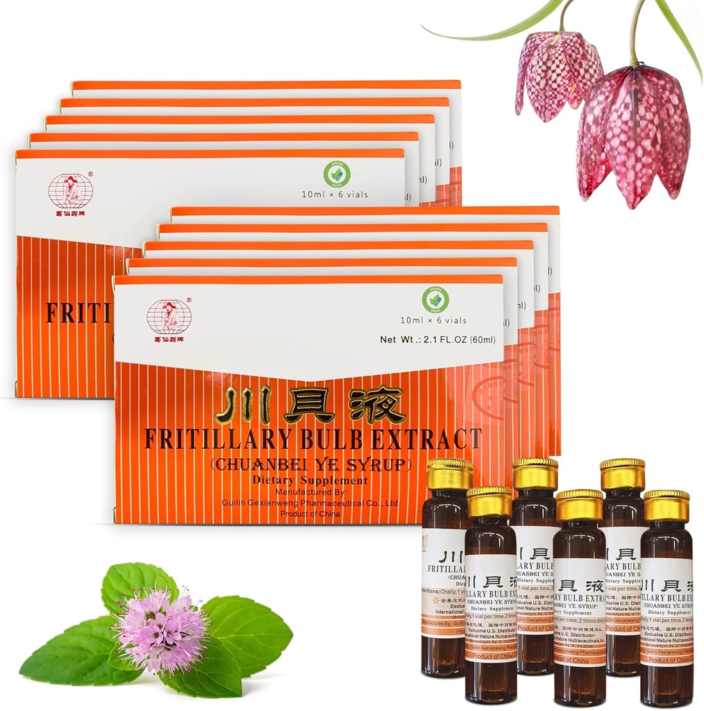 10 Pack of HerbsDepo Fritillary Bulb Extract - Sweet, Delicious, non Drowsy ו יעיל אוראלי נוזל דיאטה נוזלי תוספת Cough Syrup (Chuanbei Ye Syrup) - 60 בקבוקים (10 מ"ל לכל)