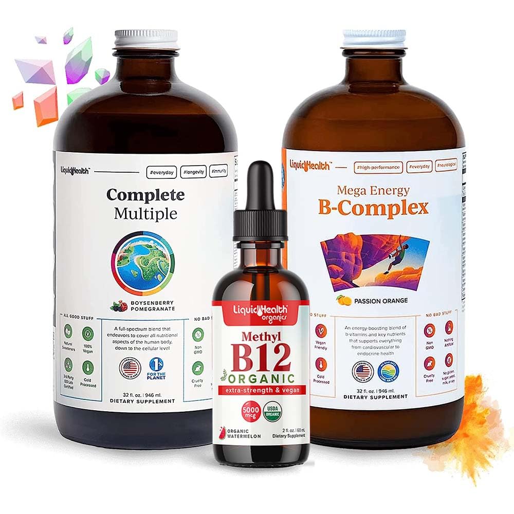 LIQUIDHEALTH High Performance ויטמין Bundle למבוגרים עם Mega Energy B-Complex, Complete Multiple Multivitamin & אורגני ויטמין B12 טיפותs - Boost Natural Energy & שיפור ביצועים אתלטיים