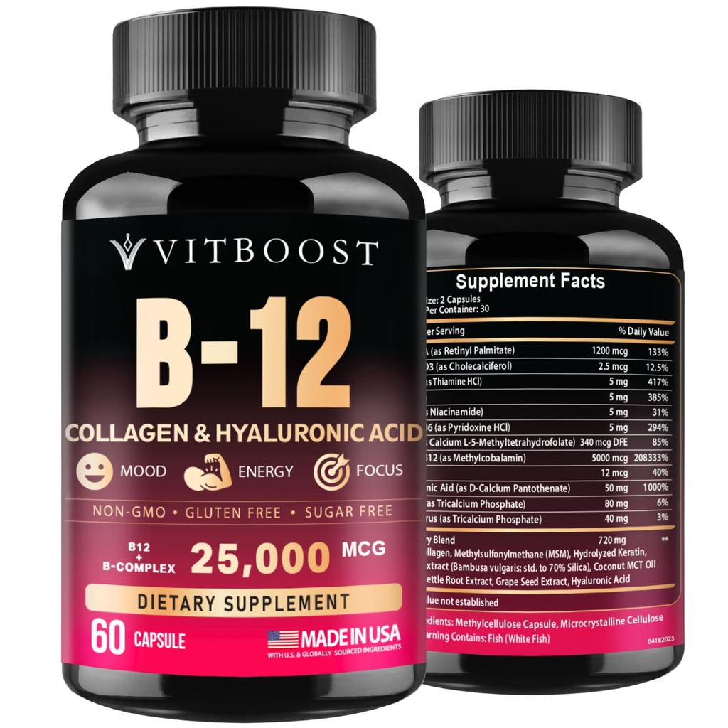 B12 עם Hyaluronic Acid, Collagen ו Folate - 25000 mcg B12 Complex | מקסימיזציה Absorption & Energy | Gluten Free USA Made, B1, B2, B3, B6, B7, B12, B12 ויטמין 5000 mcg Methylcobalamin - 60 קפסולות