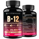B12 עם Hyaluronic Acid, Collagen ו Folate - 25000 mcg B12 Complex | מקסימיזציה Absorption & Energy | Gluten Free USA Made, B1, B2, B3, B6, B7, B12, B12 ויטמין 5000 mcg Methylcobalamin - 60 קפסולות