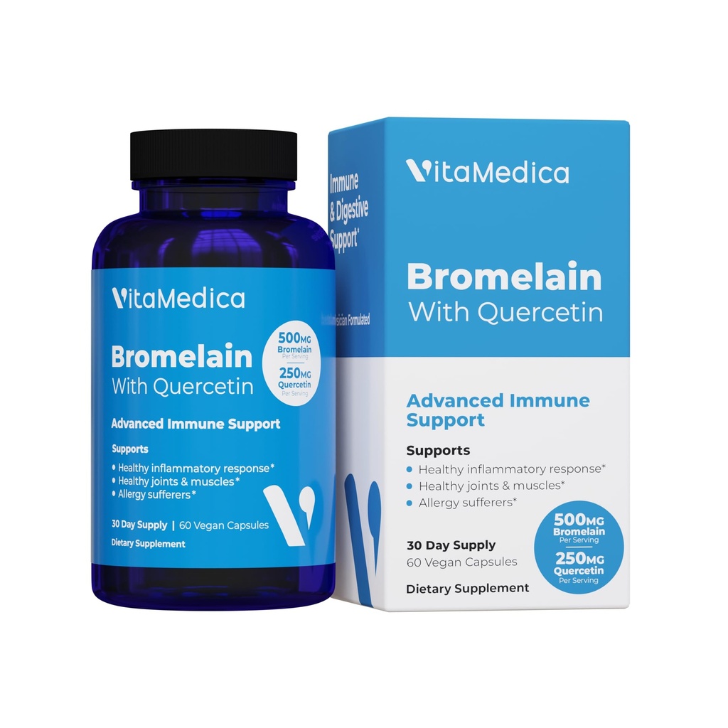 VitaMedica Bromelain & Quercetin תוסף - 500 מ"ג Bromelain 250 מ"ג Quercetin - 2400 GDU עבור Immunity, תמיכה משותפת, דלקת ושיקום שרירים - 60 קפסולות טבעוניות - 30 משרתים