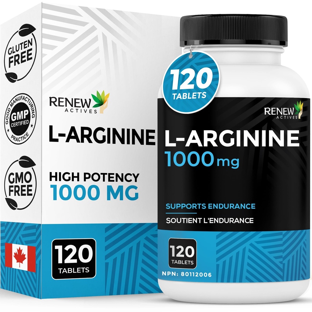 Renew Actives L-Arginine תוסף 1000MG עבור המשרתת - כוח אנדורנס, חיוני עבור סינתזה חלבונים ותפקוד שרירים, ביצועים פיזיים Booster - מיוצר בקנדה - 120 טבליות