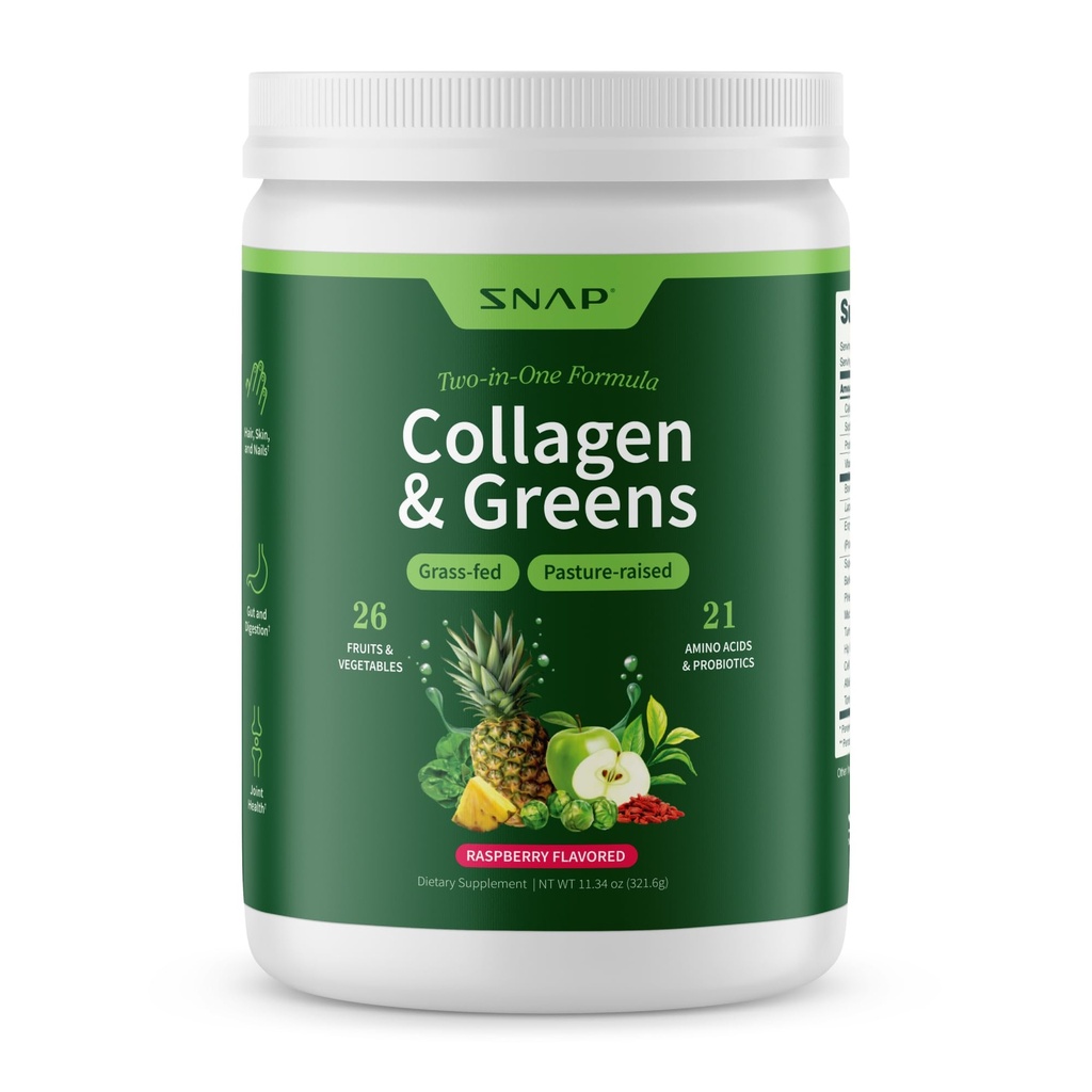 Snap Supplements Super Greens אבקת עם Collagen Peptides, 26 פירות וירקות, Grass פד, non-GMO Daily Greens לשיער, Skin, Nails & Joint Support, 11.34 oz, (30 משרתים, 1 חודש אספקה)