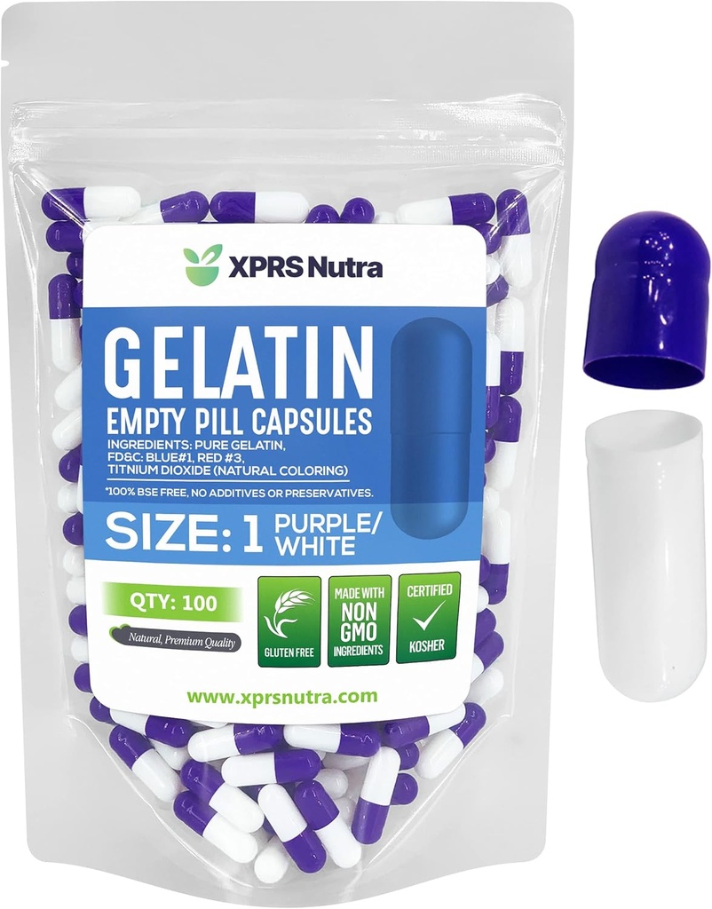 XPRS Nutra Size 1 קפסולות ריקות - 100 Count Empty Gelatin קפסולות - גלולת גלולת גלולות טהור לגל Caps for Do-It-Yourself Supplements (Purple/White)