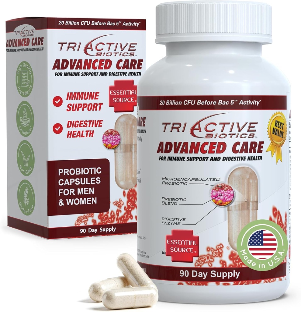 מקור חיוני TriActive biotics Advanced Care - 20 מיליארד CFU Probiotics for Digestive Health, Immune Support Supplement, Microencapsulated Probiotics for Women & Men, 90 קפסולות Ct