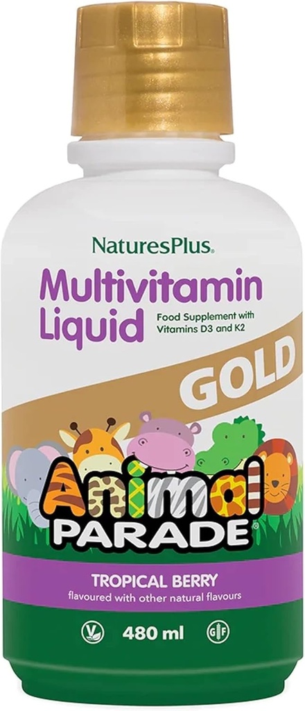 NaturesPlus Animal Parade Gold Children's Liquid Multivitamin, 16 fl oz - Natural Tropical Brad Flavor - Immune Support Supplement - Gluten Free, טבעוני - 32 משרתים