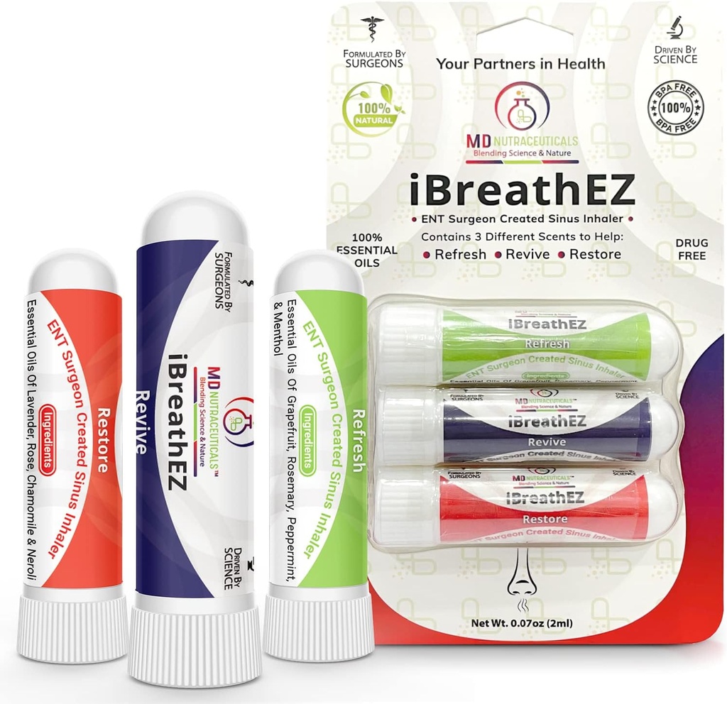 iBreathEZ Nasal Sinus Inhaler Kit פורמולה על ידי מנתחים עם שמנים חיוניים לאנרגיה, מתח, ירידה & קר או אלרגיה הקלה (3 Pack)