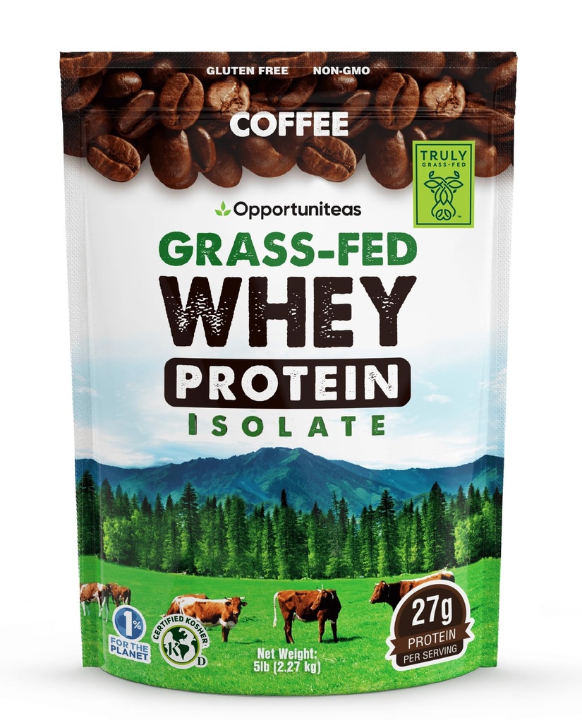 Opportuniteas Grass פד קפה Whey חלבון אבקת Isolate - 27g אבקת חלבון ללא ממתקים מלאכותיים, 60 מ"ג קפאין, פרות ללא הורמונים - 5lb