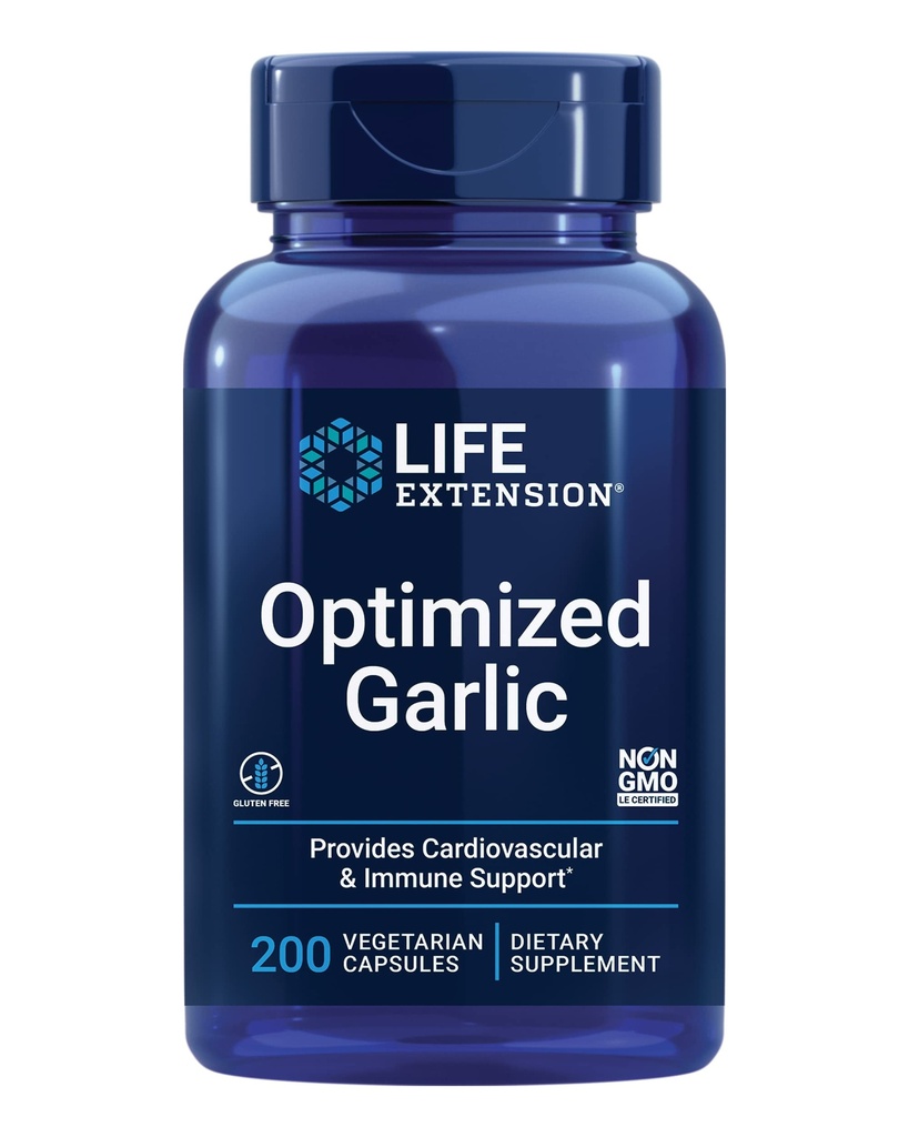 Life Extended Optimized Garlic, קפסולות סטנדרטיות לבריאות הלב, תמיכה ב- Immune, ניקוי סלולרי ותפקוד צלחת בריא, Gluten-Free, non-GMO, Vegetarian, 200 קפסולות