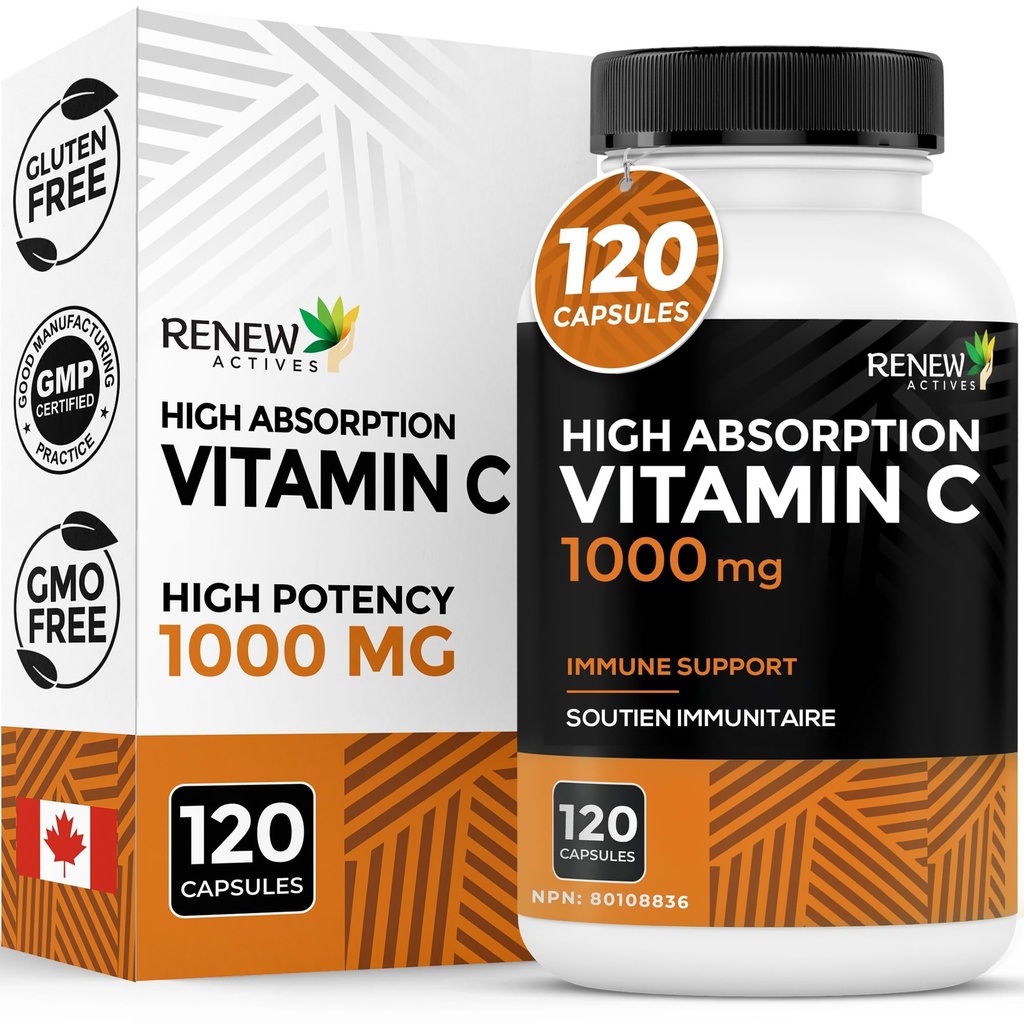 RENEW ACTIVES כוח מקסימלי ויטמין C 1000MG לשרת - Antioxidant & Immune Booster עבור בריאות כוללת, עצמות, שיניים וחניכיים - Non-GMO, Sugar-Free, 4 Monteh - מיוצר בקנדה - 120 קפסולות