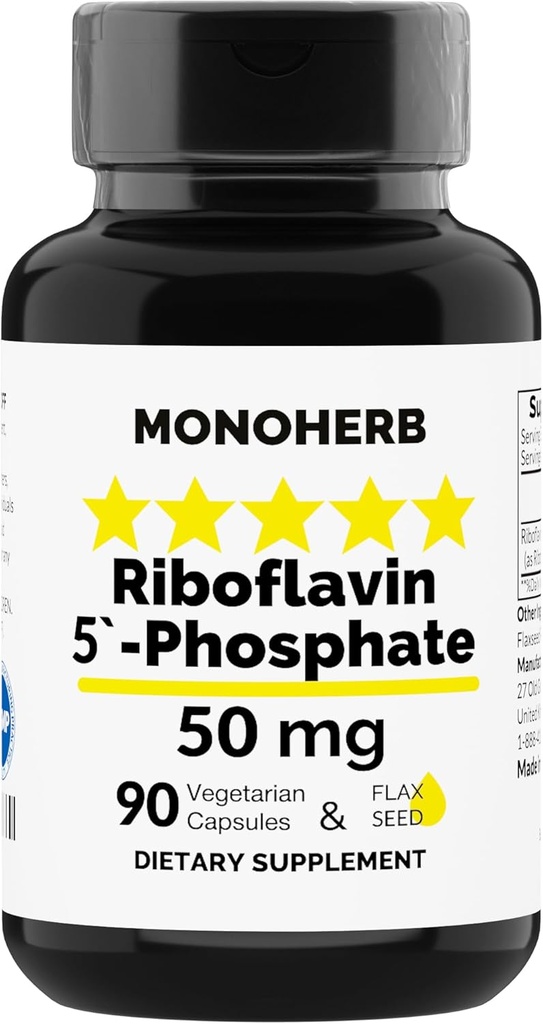 MONOHERB Riboflavin 5'-Phosphate 50 מ"ג - 90 קפסולות צמחוניות - ויטמין B2 ביואקטיבי - מיוצר בארה"ב
