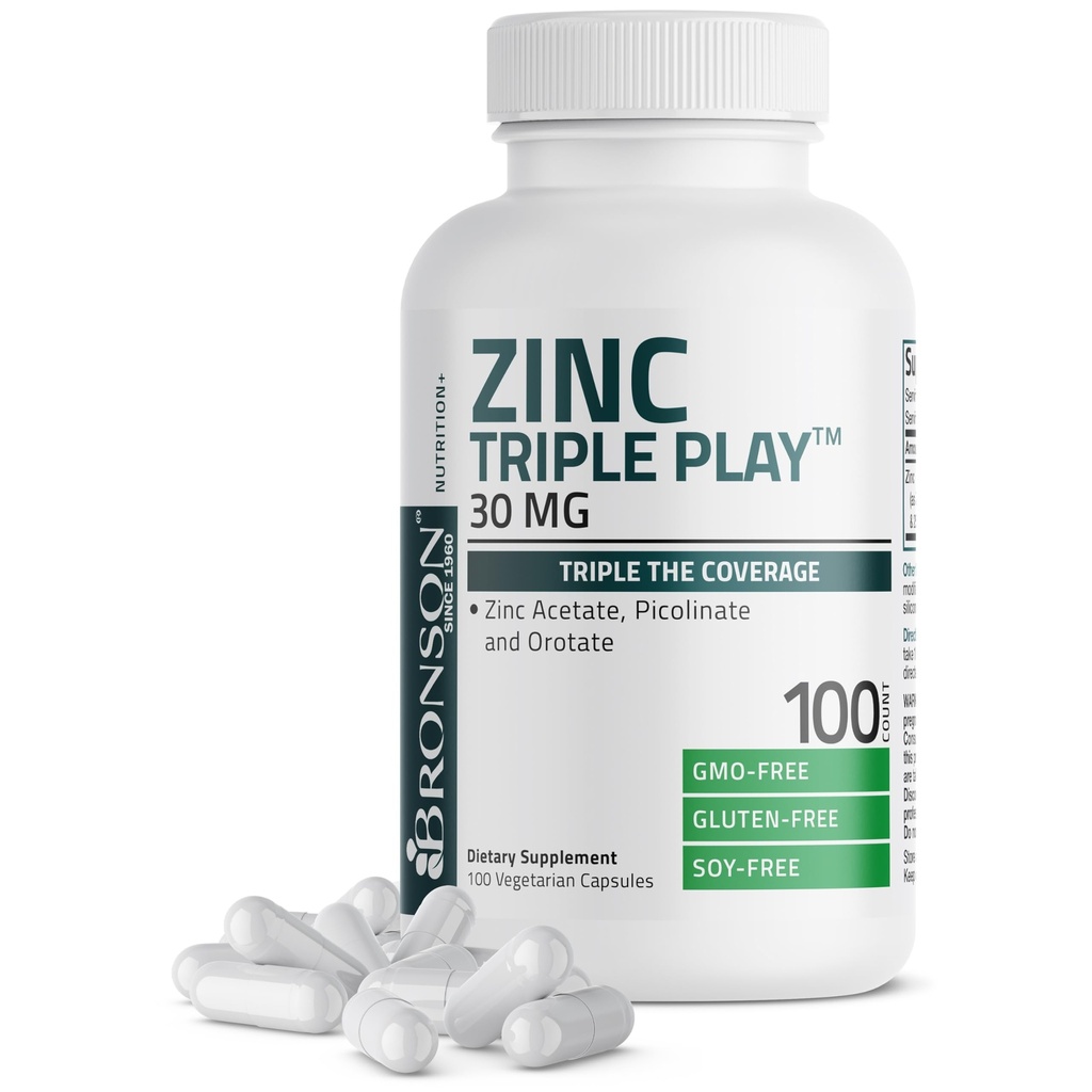 Bronson Zinc Triple Play 30 מ"ג תמיכה ב- Zinc Acetate, Picolinate & Orotate - Immune, Antioxidant & Skin Health Support - 100 קפסולות צמחוניות