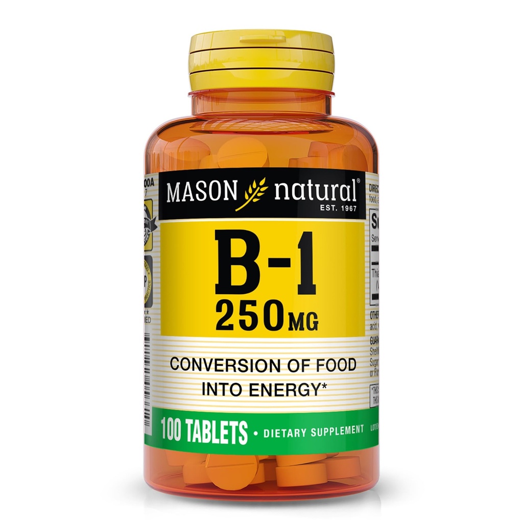 MASON NATURAL ויטמין B,1 Thiamine 250 מ"ג, 100 יום אספקת תוספי תזונה, Easy,to,Swallow Tablets, תמיכה באנרגיה ייצור ומטבוליזם בריא