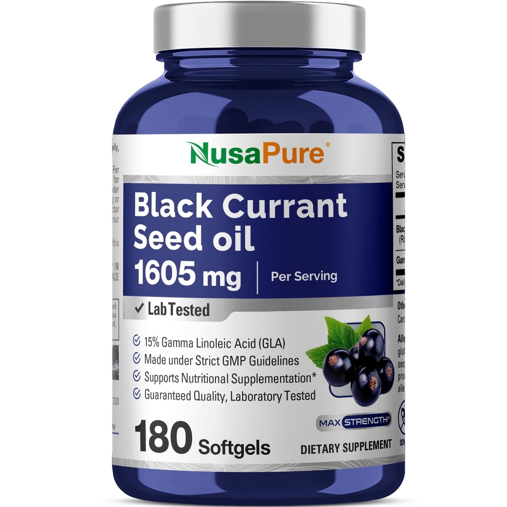 NusaPure Black Currant Seed שמן 1605 מ"ג Gamma Linoleic Acid (GLA) 15% 180 Softgels (Non-GMO, Soyfree)