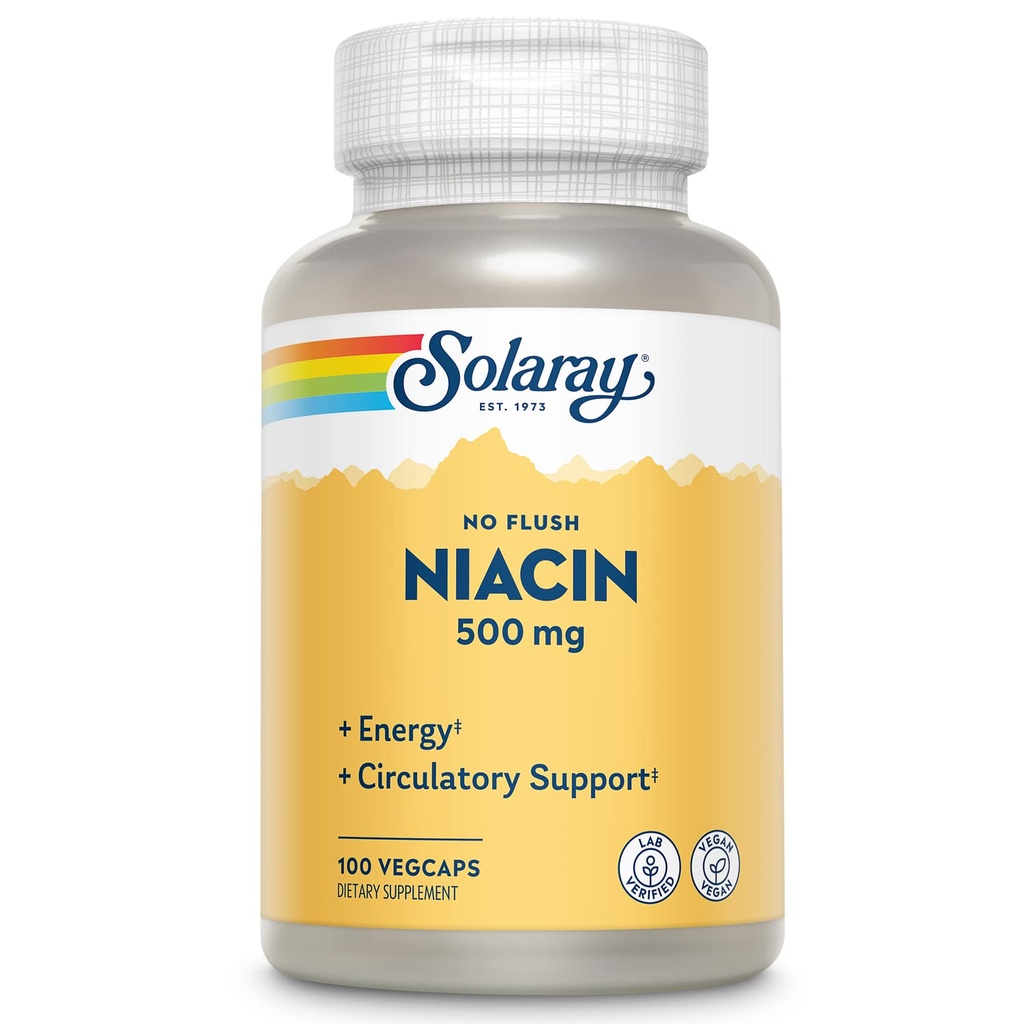 SOLA לא Flush Niacin 500 מ"ג, ויטמין B3 Niacin, אנרגיה ו- Circulatory System תמיכה, טבעוני, מעבדה מאומתת, 60 יום החזר כספי להבטיח, 100 משרתים, 100 VegCaps