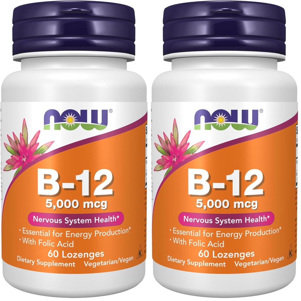 תוספי ויטמין B-12 5,000 mcg, עם Folic Acid, Nervous System Health *, 60 Lozenges (Pack of 2)