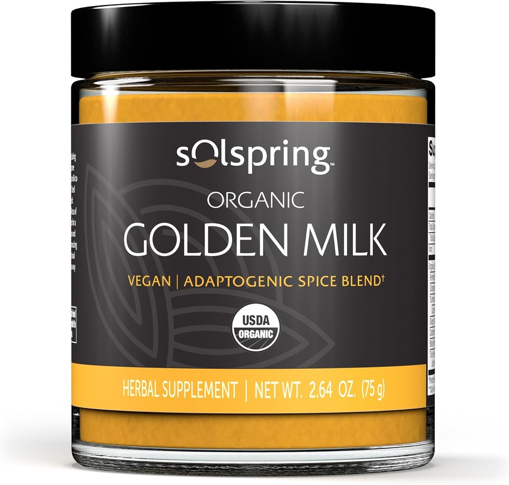 Dr. Mercola Solspring Organic Golden Milk Herbal Supplement, 2.64 Oz. (75 גרם), תערובת טבעונית עם Turmeric & הג'ינג'ר, Non GMO, Gluten Free, Soy Free, USDA אורגני