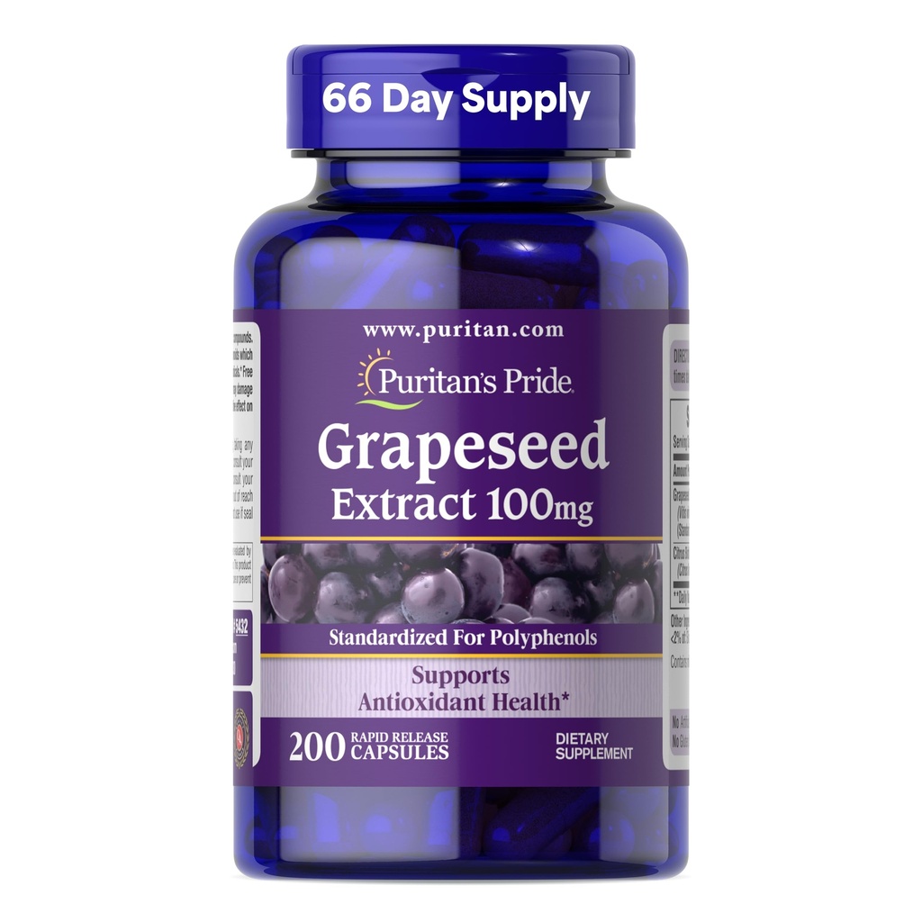 גאווה של Puritan's Pride Grapeseed לחלץ 100 מ"ג עם Citrus Bioflavonoid Complex, תוספת תזונתית עבור Antioxidant ותמיכה בריאות הלב, 200 קפסולות שחרור מהיר