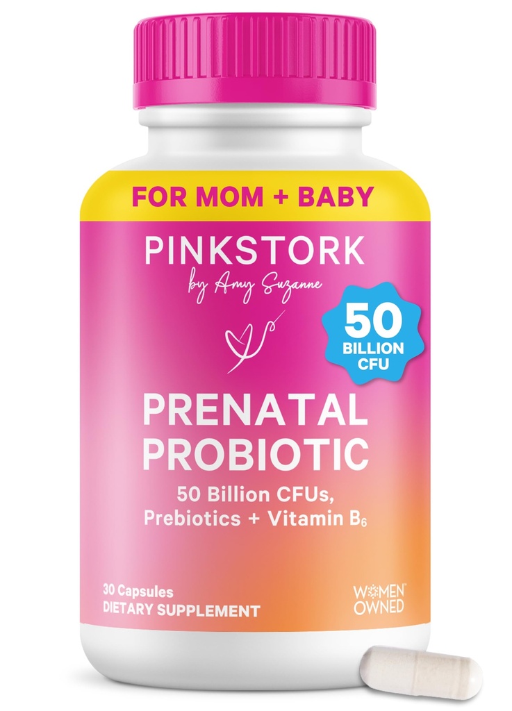 Pink Stork Prenatal Probiotics for Women - 50 מיליארד CFU, ויטמין B6, Prebiotics, Morning Diseaseness, Gut Microbiome, הריון פרוביוטיקה, תמיכה כספית, הריון חייב להיות - 30 קפסולות